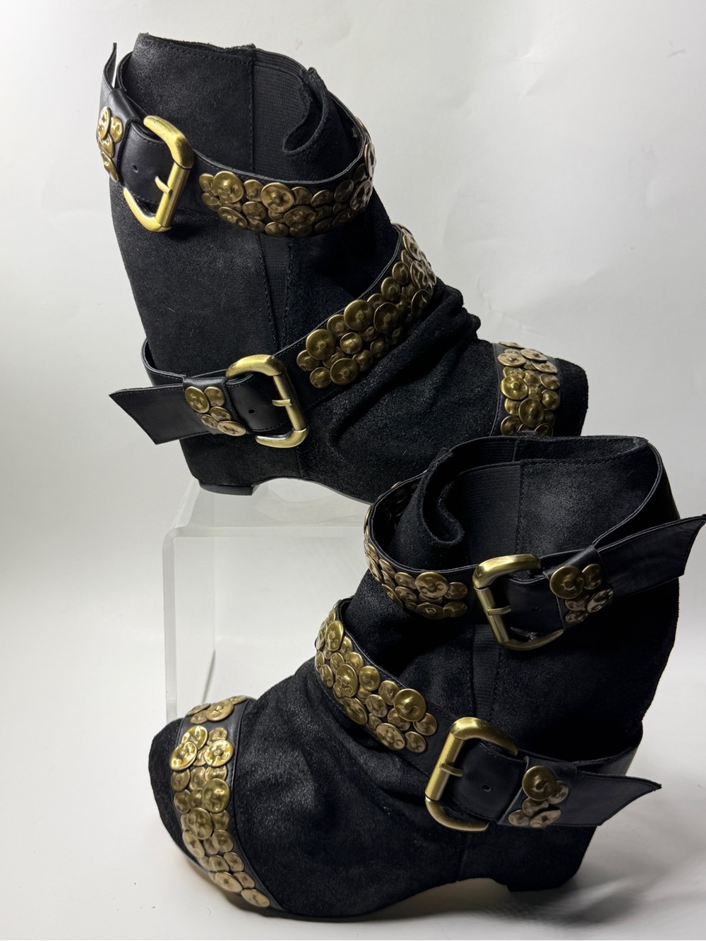 SENSO Black Suede Ankle Booties with Antique Gold Studded Straps